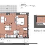 Grundriss der Wohnung mit zwei Schlafzimmern, Wohnbereich, Küche und Badezimmer.