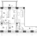 Wohnung mit zwei Schlafzimmern, Küche, Bad und Balkon. Flächenangaben sind eingezeichnet.