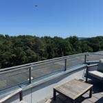 Terrasse mit Sitzgelegenheit und Blick auf Wald und See.