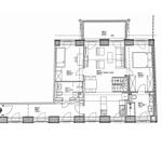 Wohnung mit zwei Schlafzimmern, Küche, Bad und Balkon. Flächenangaben eingezeichnet.