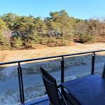 Terrace with table and chairs offers view of forest and sand dunes.