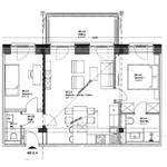 Apartment with two bedrooms, kitchen, bathroom, and balcony. Areas marked.