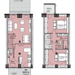 Ground floor with kitchen, living, and dining area. Upper floor with two bedrooms and balcony.