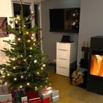 Weihnachtsbaum mit Lichtern und Geschenken neben Kamin und Fernseher.