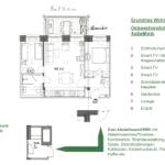 Grundriss einer Wohnung mit Balkon, Kaminofen, Smart-TV und Loungebereich.