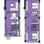 Obergeschossplan mit zwei Schlafzimmern, Bad, Küche und Balkon.