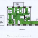 Apartment with kitchen, two bedrooms, bathroom, and balcony. Rooftop terrace available.