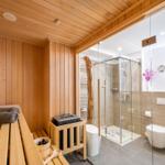 Sauna mit Holzbank und Dampfgerät. Nebenraum mit Dusche, Toilette und Waschbecken.