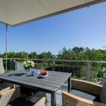 Terrace with table, chairs, and view of forest and lake.