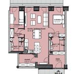 Apartment with kitchen, two bedrooms, bathroom, and hallway. Accessible and with forecourt.