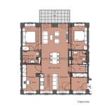 Ground floor plan with living area, kitchen, two bedrooms, and bathrooms.