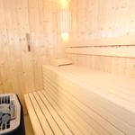 Sauna mit Holzwand, Sitzbank und Steinkasten mit Heizung.