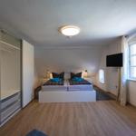 Bedroom with double bed, wardrobe, and TV. Wooden floor and window with curtains.