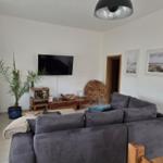 Wohnzimmer mit grauem Sofa, Fernseher und Pflanze.