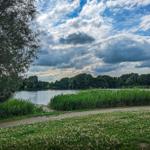 Path along a lake with grass and trees under a cloudy sky.
