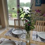 Set dining table with flower vase and view of the lake.