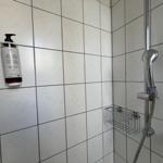 Dusche mit Duschbrause, Duschkorb und Flasche Duschgel an Wand.