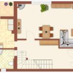 Wohnung mit Küche, Essbereich, Wohnzimmer, Schlafzimmer und Bad.