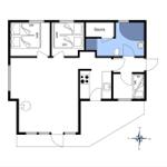 Wohnung mit zwei Schlafzimmern, Sauna und Küche. Raumübersicht mit Maßen.