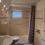 Badezimmer mit Dusche, Toilette und Waschbecken. Fenster und Heizkörper sichtbar.