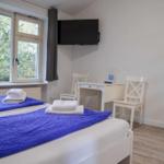 Zimmer mit Doppelbett, Schreibtisch, TV und Fenster mit Blick auf Grün.
