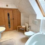 Badezimmer mit Dusche, Toilette und Badewanne unter Dachschräge mit Holztür.
