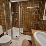 Badezimmer mit Dusche, Waschbecken und Toilette. Fliesenwand und Bodenfliesen.