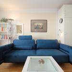 Blue sofa in living room with glass table and white shelves.