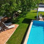 Pool mit Liegestühlen und Terrasse unter Bäumen im Garten