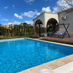 Pool mit Terrasse, Schaukel und Grillbereich im Garten