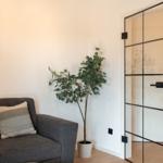 Grauer Sofa mit Kissen, Pflanze und Glaswandtür im Wohnbereich.