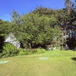 Grüner Garten mit Haus, Gartenmöbeln und Bäumen unter blauem Himmel.