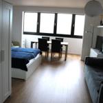 Wohnraum mit Sofa, Schlafbereich und Esstisch. Große Fenster und Holzboden.