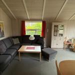 Living room with gray sofa, wooden table, and white furniture.