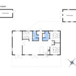 Floor plan with bedrooms, bathroom, and kitchen. Two sheds shown.