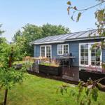 Blue wooden house with terrace, grill, and garden. Trees and grass surround the house.