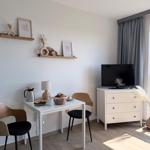 Wohnzimmer mit Esstisch, Fernseher und Fensterblick.