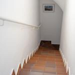 Bright staircase with white handrail and wall picture.