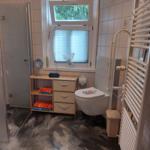 Badezimmer mit Dusche, Toilette und Heizkörper. Fenster mit Jalousie und Handtuchregal.