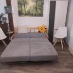 Ein grauer Schlafsofa mit Holzrahmen, zwei weiße Stühle und eine Wanddekoration.