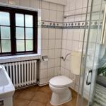 Bathroom with toilet, shower, and sink. Window with wooden frame and tiled wall.