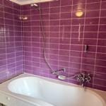 Bath with shower and bathtub, purple wall tiles