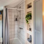 Shower with curtain, built-in shelves with plant and lamps