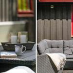 Outdoor seating area with table, book, and mug. Red window and wooden wall in background.