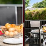 Terrace with table, chairs, and fruit for breakfast.