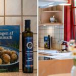 Kitchen with red window, countertop, cookbook, and olive oil bottle.