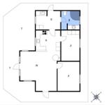 Apartment with kitchen, bathroom, two bedrooms, and living area. Compass included.