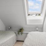 Two beds under sloped ceiling with skylight and plant.