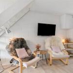 Two chairs with fur covers and cushions are placed in front of a wall with a TV and kitchen area.