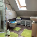 Badezimmer mit Dusche, Toilette, Waschbecken und grünen Teppichen unter Dachschrägen.